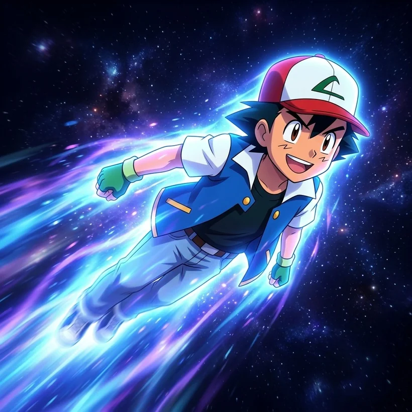 Ash flying through space, trailing blue and violet light